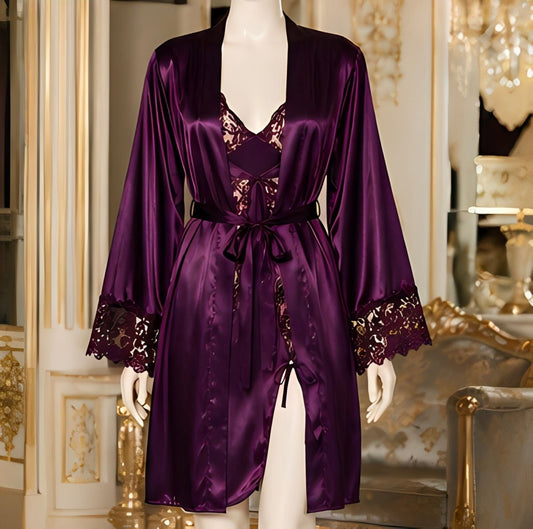 DMORA Royal Plum Satin Lace 3-Piece Nightwear Set – Premium Luxury Sleepwear - My Store 5