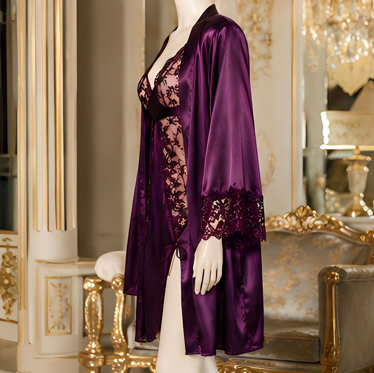 DMORA Royal Plum Satin Lace 3-Piece Nightwear Set – Premium Luxury Sleepwear
