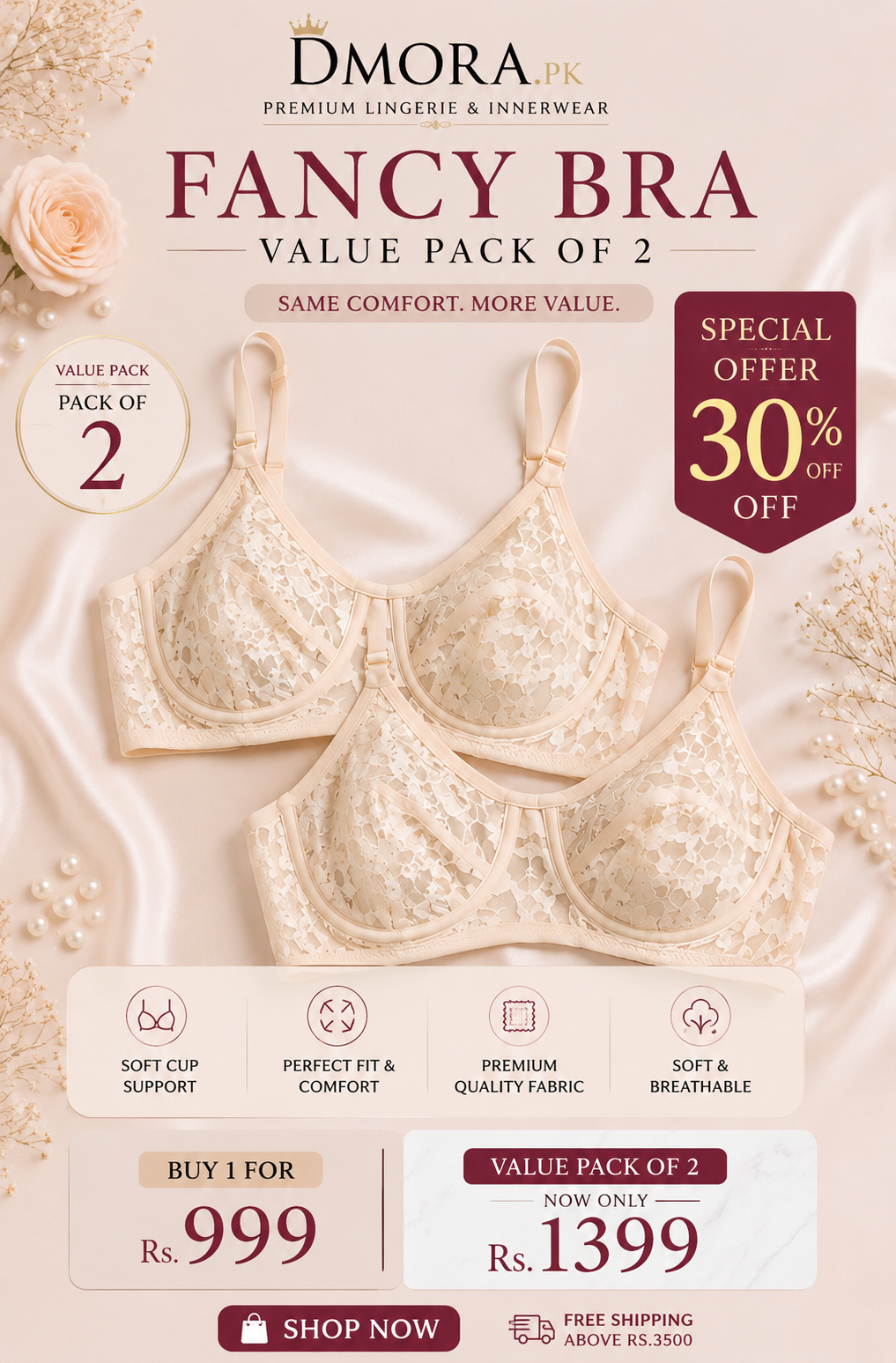 DMORA Fancy Net Lace Bra Value Pack of 2 – Premium Breathable Lace Bras