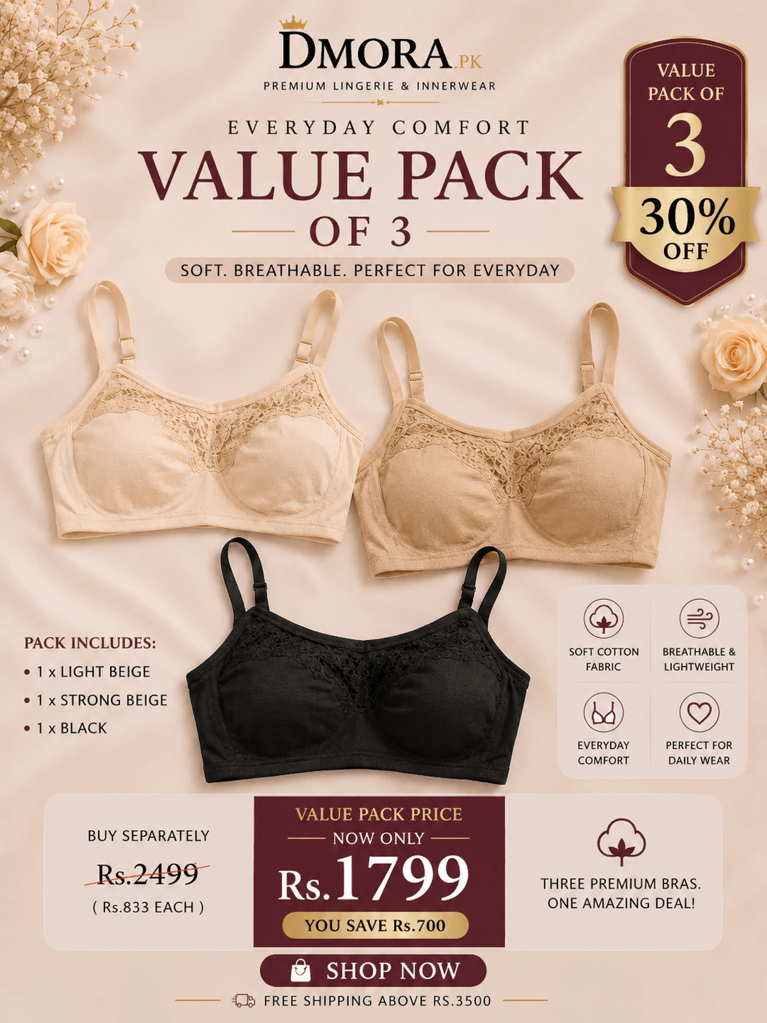 DMORA ComfortEase Wireless Bra (Pack of 3) - My Store 5