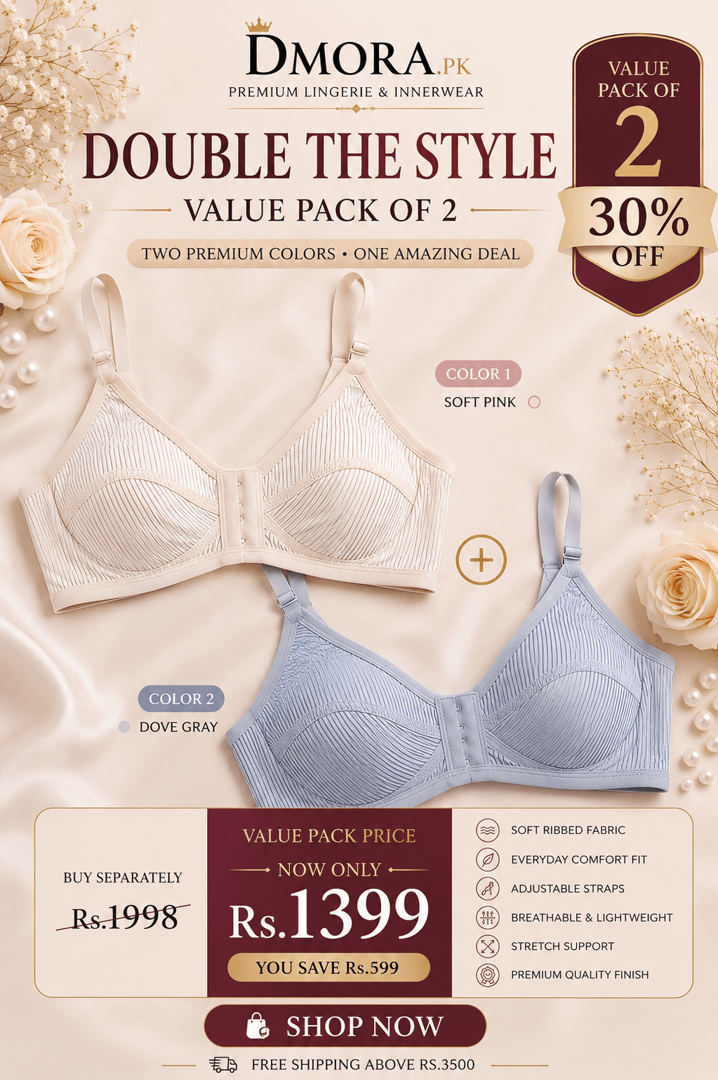 DMORA Double The Style Value Pack of 2 Bras – Soft Pink & Dove Gray Ribbed comfort - My Store 5