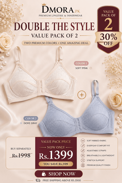 DMORA Double The Style Value Pack of 2 Bras – Soft Pink & Dove Gray Ribbed comfort - My Store 5