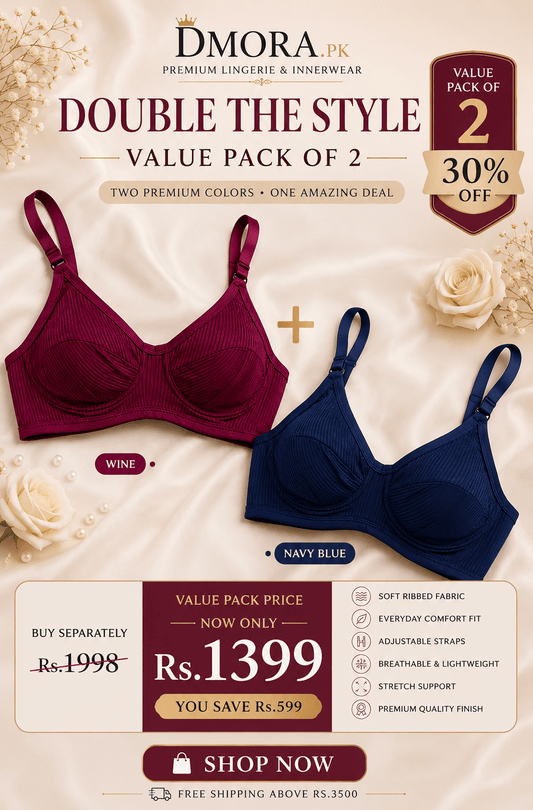 DMORA Double The Style Value Pack of 2 Bras – Wine & Navy Blue Ribbed Comfort Bra - My Store 5