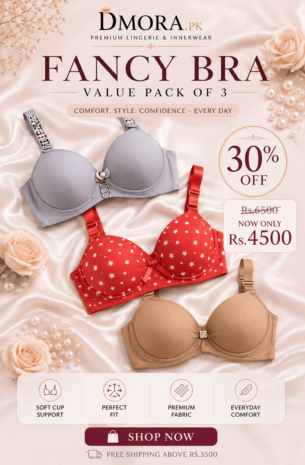 DMORA Fancy Bra Value Pack of 3 – Premium Padded Everyday Comfort Bras for Women - My Store 5