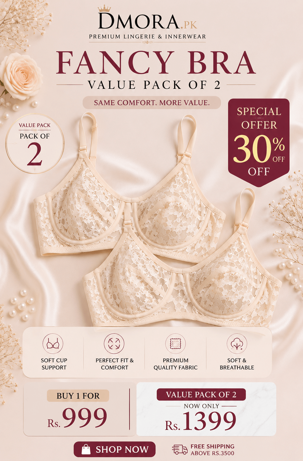 DMORA Fancy Net Lace Bra Value Pack of 2 – Premium Breathable Lace Bras - My Store 5