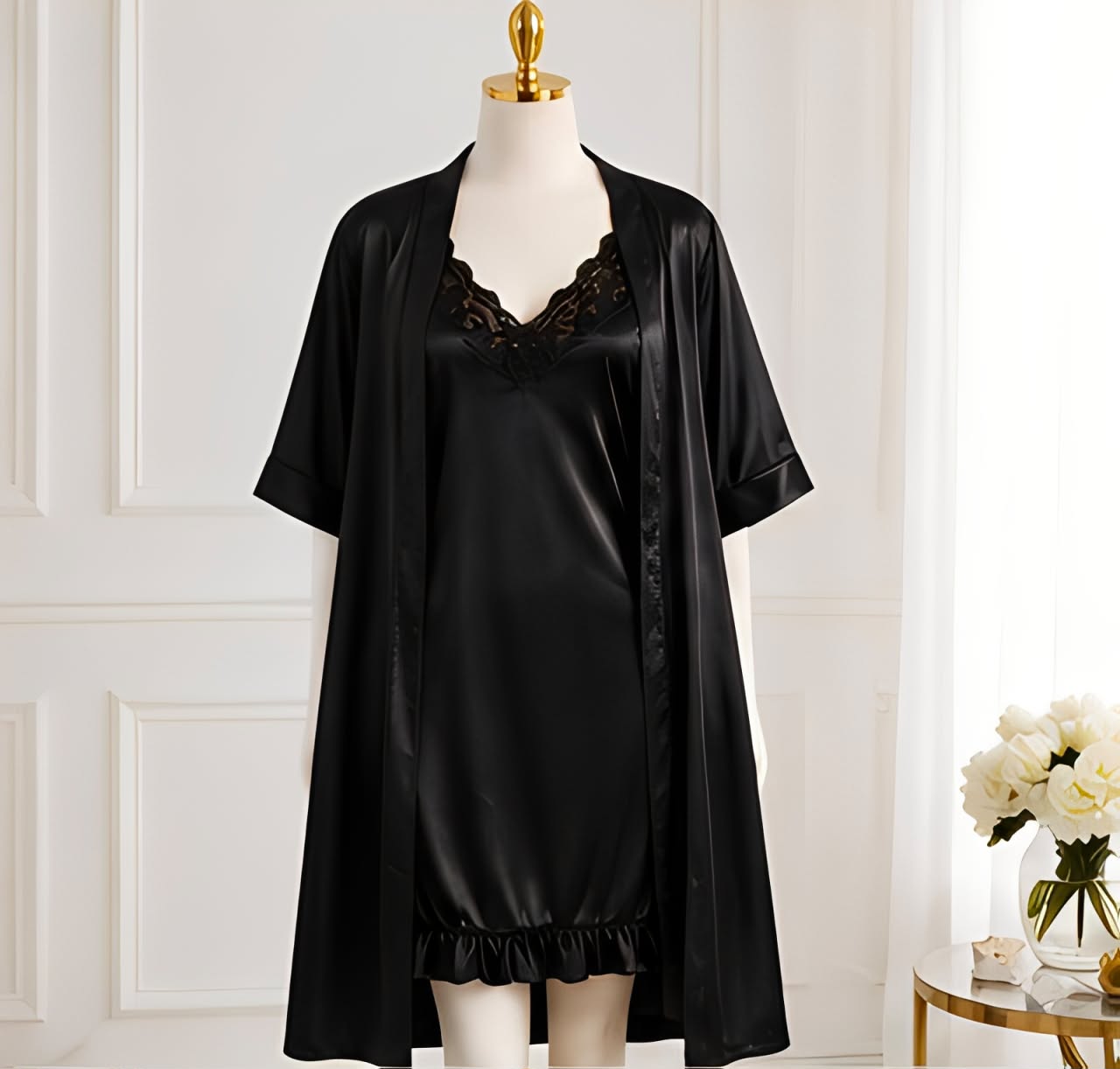 DMORA Luxe Satin Nighty Robe Set - My Store 5