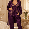 DMORA Royal Plum Satin Lace 3-Piece Nightwear Set – Premium Luxury Sleepwear