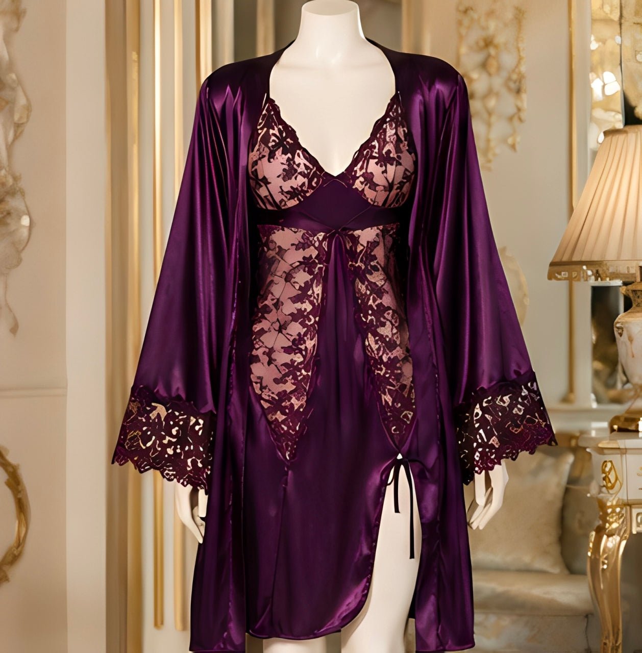 DMORA Royal Plum Satin Lace 3-Piece Nightwear Set – Premium Luxury Sleepwear - My Store 5