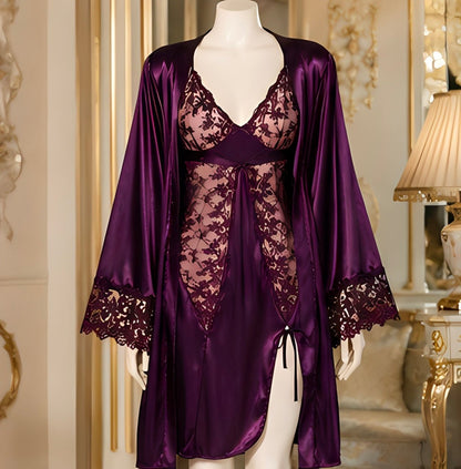 DMORA Royal Plum Satin Lace 3-Piece Nightwear Set – Premium Luxury Sleepwear - My Store 5