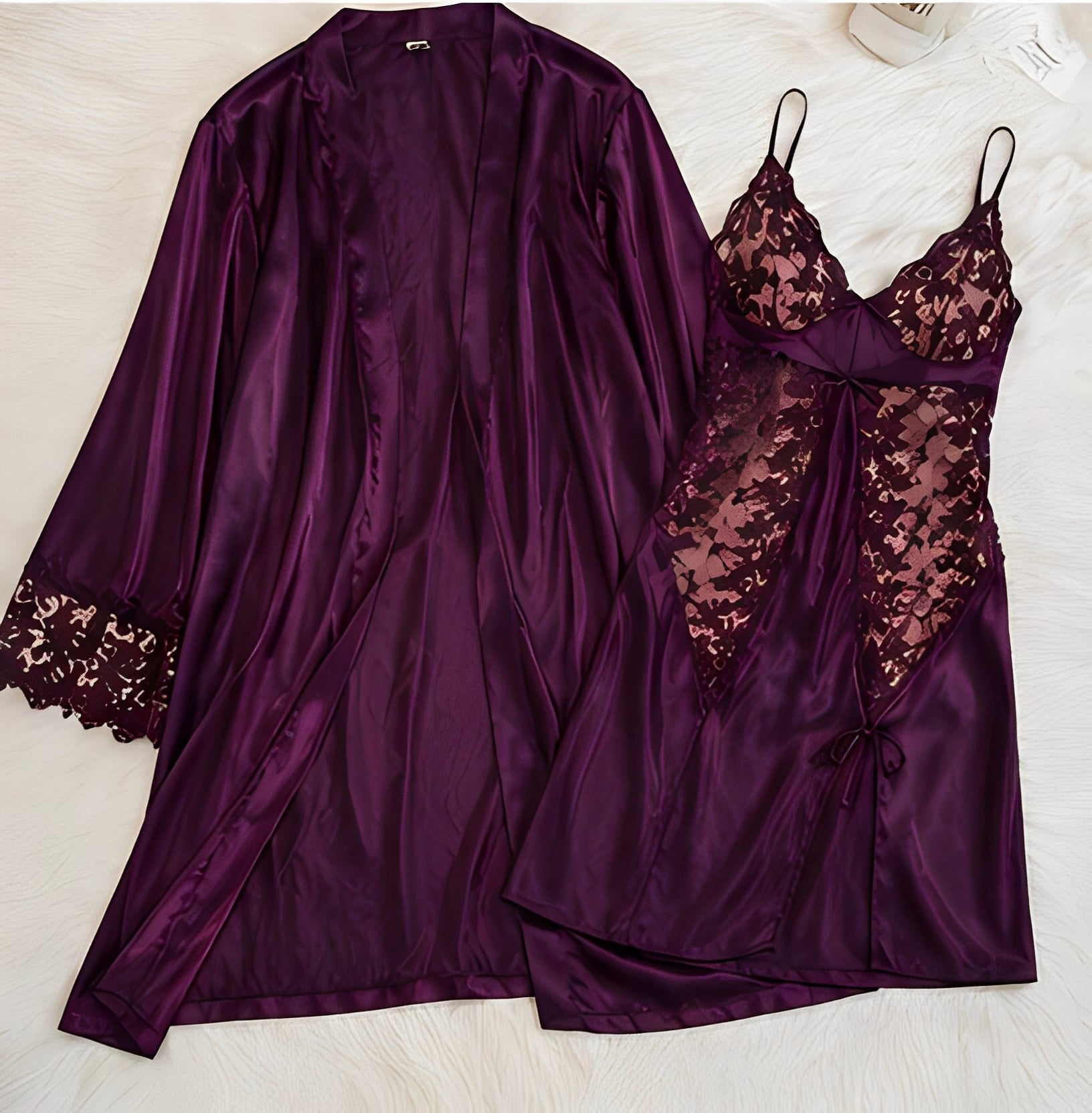 DMORA Royal Plum Satin Lace 3-Piece Nightwear Set – Premium Luxury Sleepwear - My Store 5