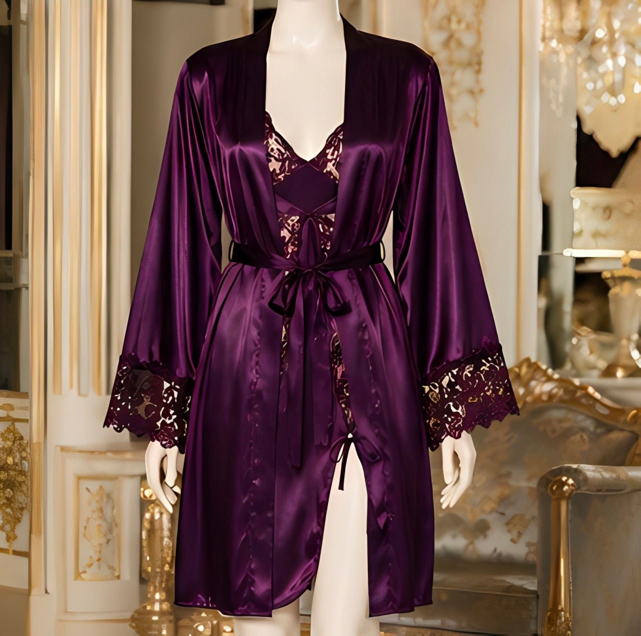 DMORA Royal Plum Satin Lace 3-Piece Nightwear Set – Premium Luxury Sleepwear - My Store 5