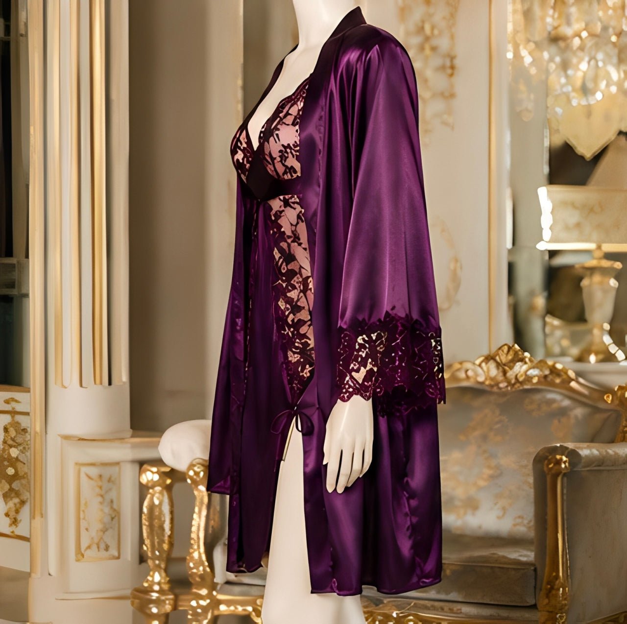 DMORA Royal Plum Satin Lace 3-Piece Nightwear Set – Premium Luxury Sleepwear - My Store 5
