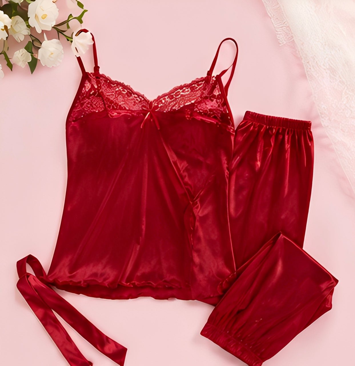DMORA Ruby Satin Lace 4-Piece Nightwear Set – Luxury Sleepwear Collection - My Store 5