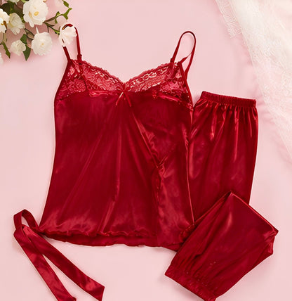 DMORA Ruby Satin Lace 4-Piece Nightwear Set – Luxury Sleepwear Collection - My Store 5