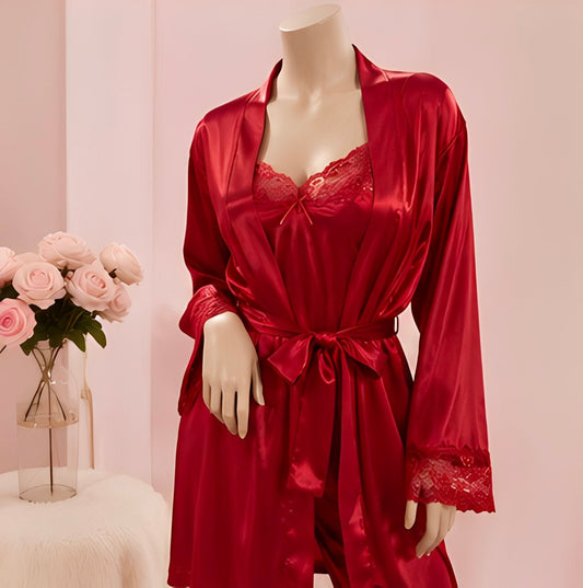 DMORA Ruby Satin Lace 4-Piece Nightwear Set – Luxury Sleepwear Collection - My Store 5
