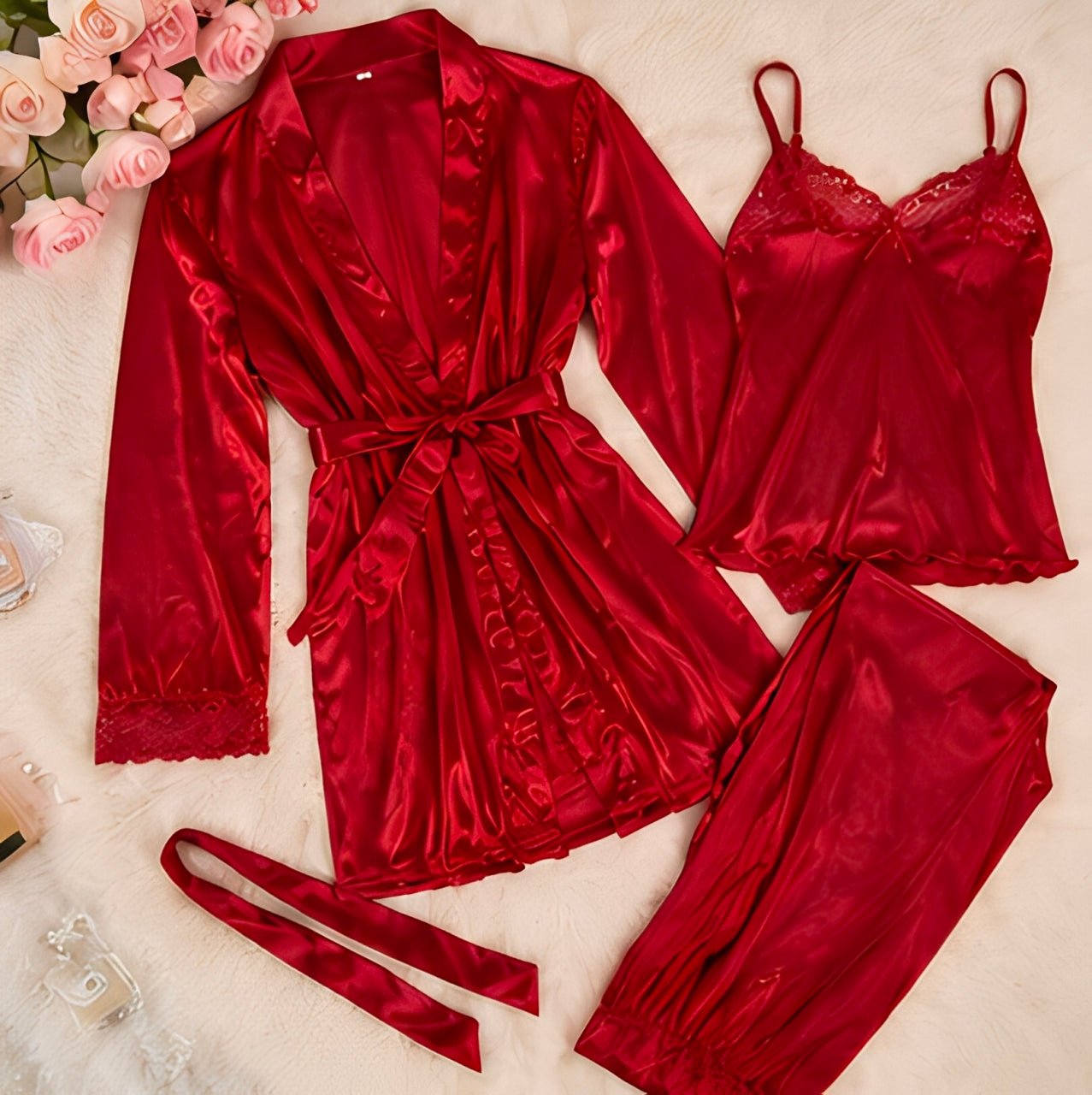 DMORA Ruby Satin Lace 4-Piece Nightwear Set – Luxury Sleepwear Collection - My Store 5